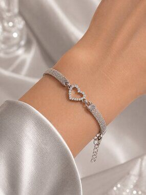 Silver Tone Heart Mesh Bracelet Rhinestone Adjustable Elegant Jewelry Gift
